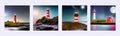 Red with white Lighthouse on sea shore at night in summer. Landscape view Royalty Free Stock Photo