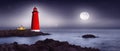 Red with white Lighthouse on sea shore at night in summer. Landscape view Royalty Free Stock Photo