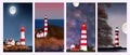 Red with white Lighthouse on sea shore at night in summer. Landscape view Royalty Free Stock Photo