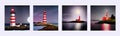 Red with white Lighthouse on sea shore at night in summer. Landscape view Royalty Free Stock Photo