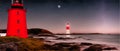 Red with white Lighthouse on sea shore at night in summer. Landscape view Royalty Free Stock Photo