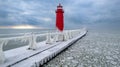 a red and white lighthouse surrounded by ice and icicles Royalty Free Stock Photo