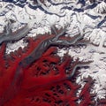 Red white marbled surface of Susitna Glacier, Alaska, top view of ice texture. Elements of this image furnished by NASA