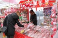Red and white martenitsi on outdoor market for martenici on the street in Sofia, Bulgaria on Feb 22, 2018. Martenitsa or marteni