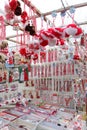 Red and white martenitsi on outdoor market for martenici on the street in Sofia, Bulgaria on Feb 8,2016.