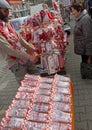 Red and white martenitsi on outdoor market for martenici on the street in Sofia, Bulgaria on Feb 8,2016.