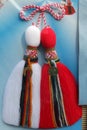 Red and white martenitsi on outdoor market for martenici on the street in Sofia, Bulgaria on Feb 8, 2016. Royalty Free Stock Photo