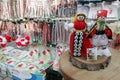 Red and white martenitsi on outdoor market for martenici on the street in Sofia, Bulgaria on Feb 8, 2016. Royalty Free Stock Photo