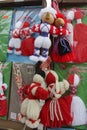 Red and white martenitsi on outdoor market for martenici on the street in Sofia, Bulgaria on Feb 8, 2016. Royalty Free Stock Photo