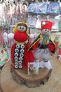 Red and white martenitsi on outdoor market for martenici on the street in Sofia, Bulgaria on Feb 8, 2016.