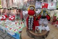 Red and white martenitsi on outdoor market for martenici on the street in Sofia, Bulgaria on Feb 8, 2016.