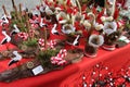 Red and white martenitsi on outdoor market for martenici on the street in Sofia, Bulgaria on Feb 8,2016.