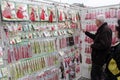 Red and white martenitsi on outdoor market for martenici on the street in Sofia, Bulgaria on Feb 8,2016.