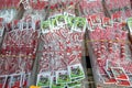 Red and white martenitsi on outdoor market for martenici on the street in Sofia, Bulgaria on Feb 8, 2016.