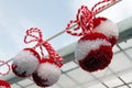 Red and white martenitsi on outdoor market for martenici on the street in Sofia, Bulgaria on Feb 8, 2016. Royalty Free Stock Photo