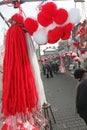 Red and white martenitsi on outdoor market for martenici on the street in Sofia, Bulgaria on Feb 8, 2016. Royalty Free Stock Photo