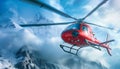 Red and white Medical Rescue helicopter landing in high altitude Himalayas mountains. Royalty Free Stock Photo