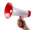 Red and white megaphone in human hand Royalty Free Stock Photo