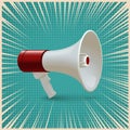 Red and white megaphone isolated on pop art background. Vector realistic 3d bullhorn. Royalty Free Stock Photo