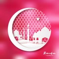 Red White Origami Crescent Moon with Mosque. Ramadan Kareem Greeting card Royalty Free Stock Photo