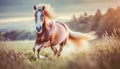 Red and white Palomino horses race across field