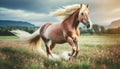 Red and white Palomino horses race across field