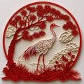 Red and white paper-cut crane pine round pattern Royalty Free Stock Photo