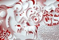 Red and white paper cut picture with winter landscape.Fantasy deer, horse on creative pattern background. Greeting card