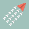 Red and white paper planes. Teamwork, leadership, success, motivation and business concept. Vector illustration. Royalty Free Stock Photo