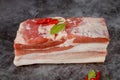 Red and white piece of raw pork belly with garlic on dark background Royalty Free Stock Photo