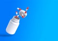 Red-white pills fly out of a flying bottle on blue background with copy space Royalty Free Stock Photo