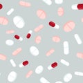 Red and white pills seamless pattern. Medicine background, abstract capsules and medical tablets flatlay vector illustration