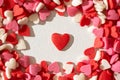 Red white pink hearts background, valentine`s day, pastry sprinkle, top view Royalty Free Stock Photo