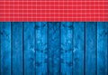 Red white plaid napkin on blue pine wooden floor table or cutting board Royalty Free Stock Photo