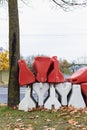 Red and white plastic road barriers. Construction props. Royalty Free Stock Photo