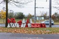 Red and white plastic road barriers. Construction props. Royalty Free Stock Photo