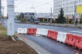 Red and white plastic road barriers. Construction props. Royalty Free Stock Photo