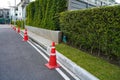 Red and white plastic witches hat cone traffic warning sign no parking on the road,applying along the road next to garden in Royalty Free Stock Photo