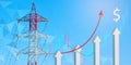 A red-white pole of a high voltage power line, stock price charts and ascending arrows with the symbol of the US dollar