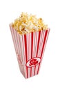 A red and white popcorn container on white