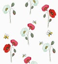 Red and white poppies with butterflies and bees Royalty Free Stock Photo