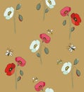 Red and white poppies with butterflies and bees Royalty Free Stock Photo