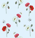 Red and white poppies with butterflies and bees Royalty Free Stock Photo