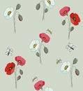 Red and white poppies with butterflies and bees Royalty Free Stock Photo