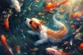 A red and white puppy is swimming around a colorful array of fish, AI generated