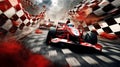 red and white racing cars with roaring engines are racing against the background of checkered flags Royalty Free Stock Photo