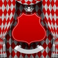 Red and white rhomboids background with a red suspended decorative baroque signboard and silver crown