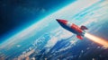 Red and White Rocket Flying Over Earth Royalty Free Stock Photo