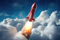 A red and white rocket launches into the sky, propelled by incredible power and precision, Space rocket flying toward the clouds Royalty Free Stock Photo