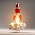 Red and white rocket launching 3D rendering